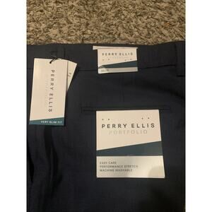Perry Ellis Portfolio Dress Pants Men 38x32 Slim Fit Stretch Non Iron Navy
